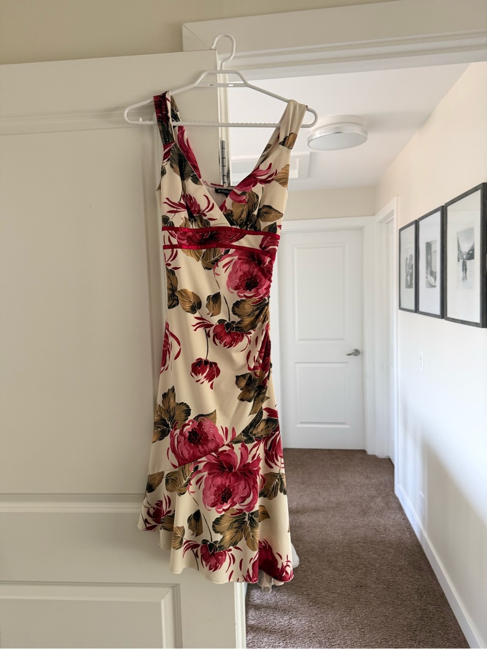 le chateau Cream Midi Dress with Red Floral Print